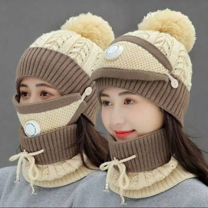 Women 3 Pc's Beanie Cap With Neck Warmer And Mask