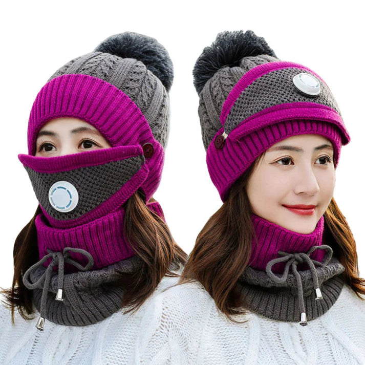 Women 3 Pc's Beanie Cap With Neck Warmer And Mask
